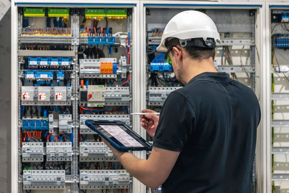 Electrician assessing an electrical installation with a tablet