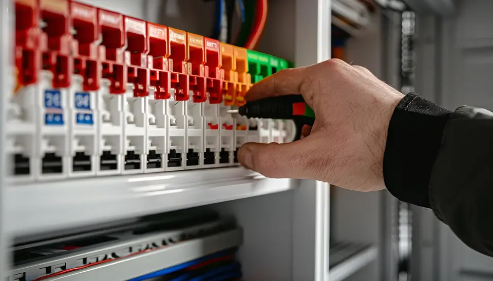 Electrician checking switches in an electrical distribution board